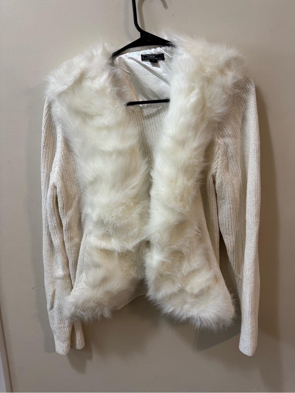 Lisa International Cream Faux Fur Trim Open-Front Cardigan